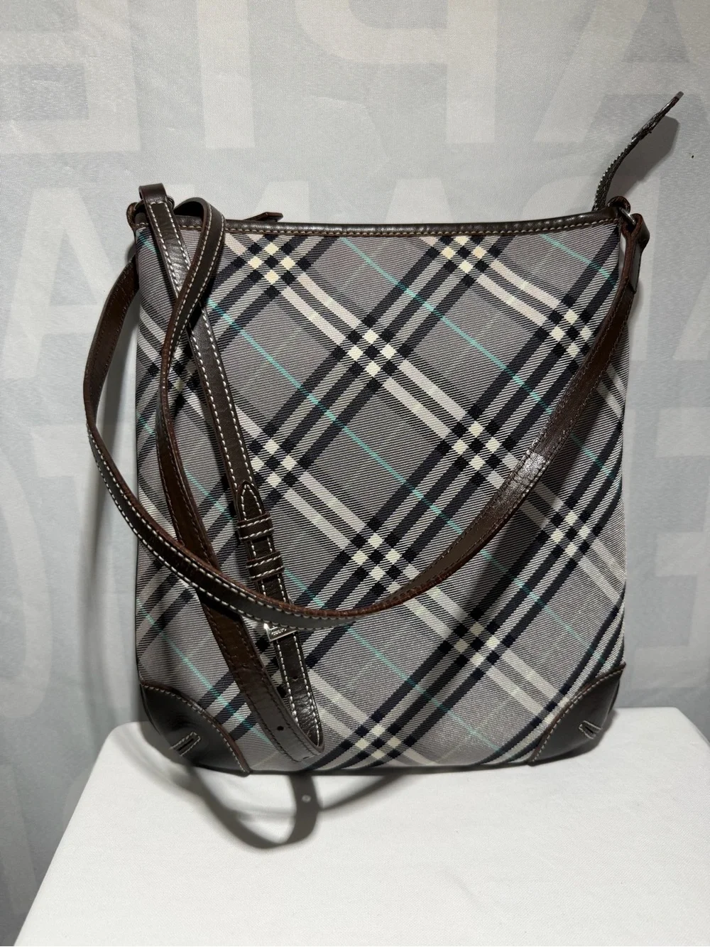 Burberry Gray & Black Plaid Canvas Messenger Bag with Blue Stripe & Brown Trim